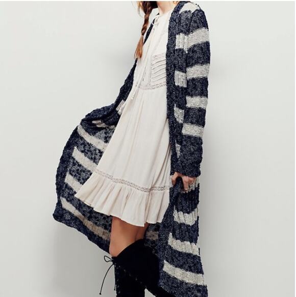 Free People Sweaters - FREE PEOPLE Black and Cream Free Spirit Cotton Linen Blend Long Cardigan Small